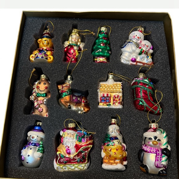 Vintage Glass Christmas Ornaments Set of 12 Hand Painted Holiday Figures Boxed - Picture 4 of 5